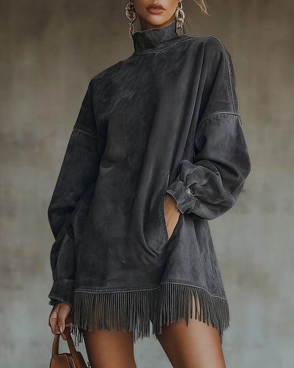 Women's Mini Knit Sweater Dress with Mock Neck and Fringe Hem