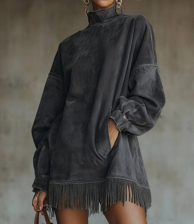 Women's Mini Knit Sweater Dress with Mock Neck and Fringe Hem