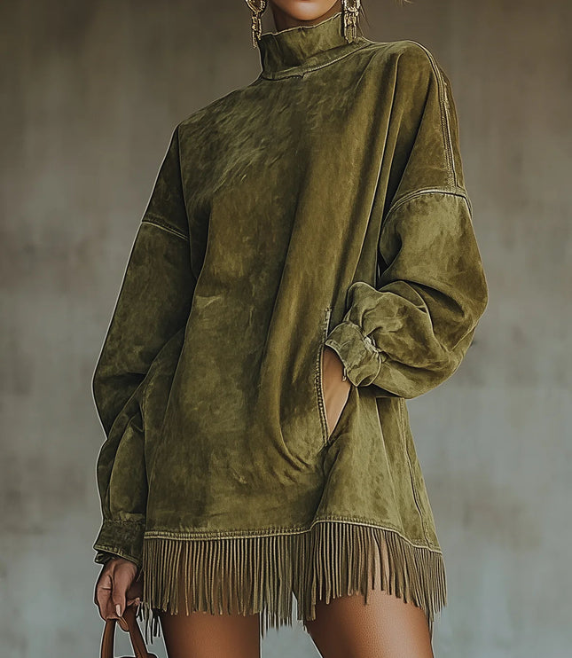 Women's Mini Knit Sweater Dress with Mock Neck and Fringe Hem