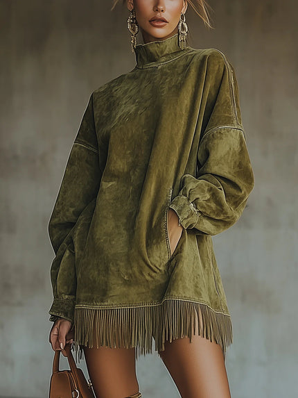 Women's Mini Knit Sweater Dress with Mock Neck and Fringe Hem