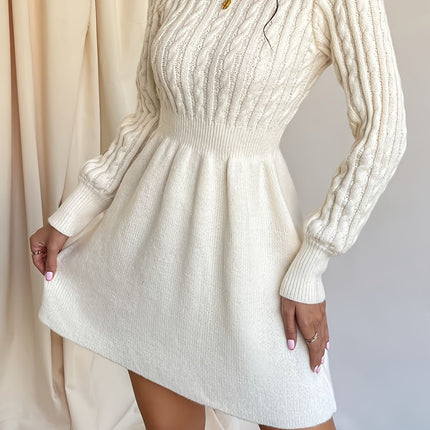 Women's Mini Sweater Dress in Cable Knit, A-Line Long Sleeve