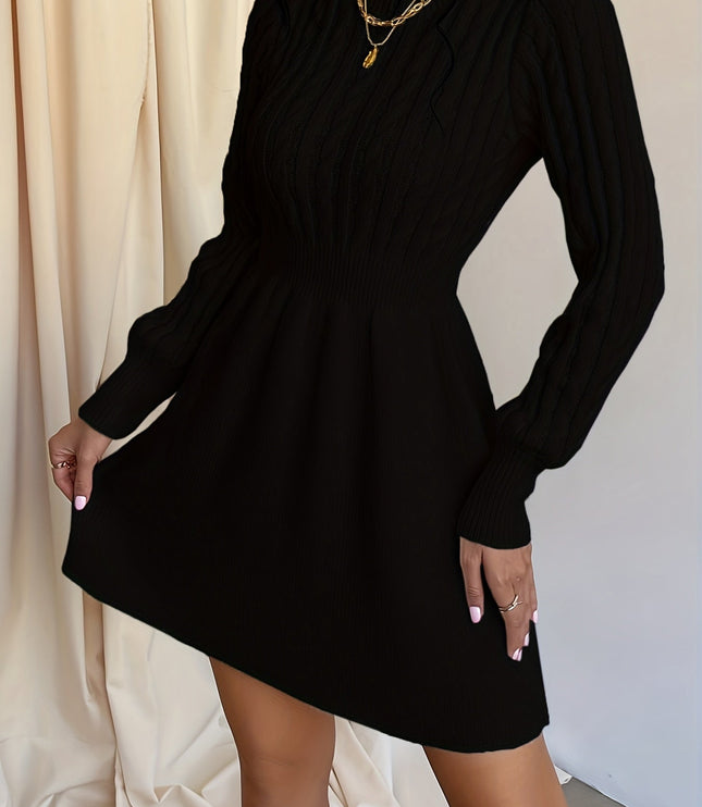 Women's Mini Sweater Dress in Cable Knit, A-Line Long Sleeve