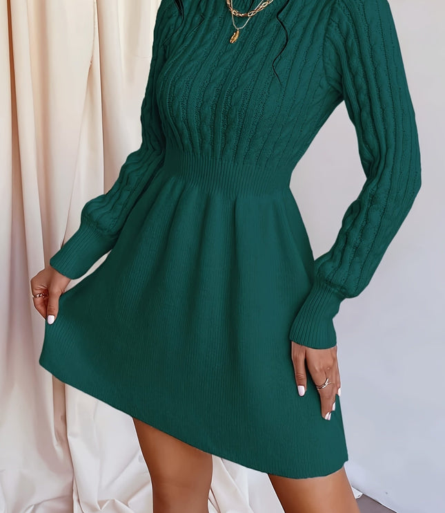 Women's Mini Sweater Dress in Cable Knit, A-Line Long Sleeve