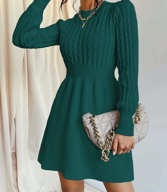 Women's Mini Sweater Dress in Cable Knit, A-Line Long Sleeve