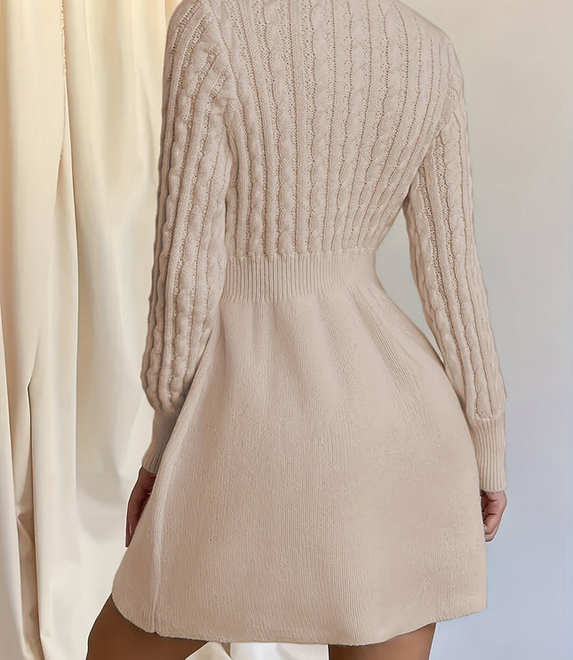 Women's Mini Sweater Dress in Cable Knit, A-Line Long Sleeve