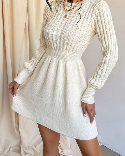 Women's Mini Sweater Dress in Cable Knit, A-Line Long Sleeve