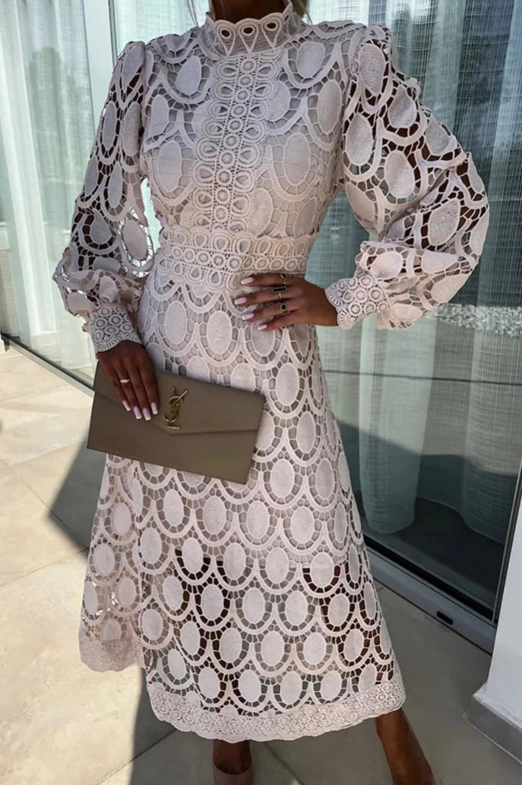Taupe lace midi dress with mock neck and voluminous puffed sleeves, scalloped lace detail