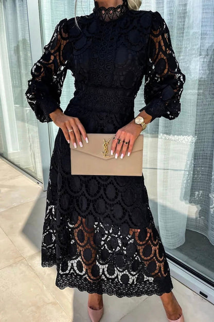 Black lace midi dress with mock neck and puffed sleeves, intricate scallop lace overlay
