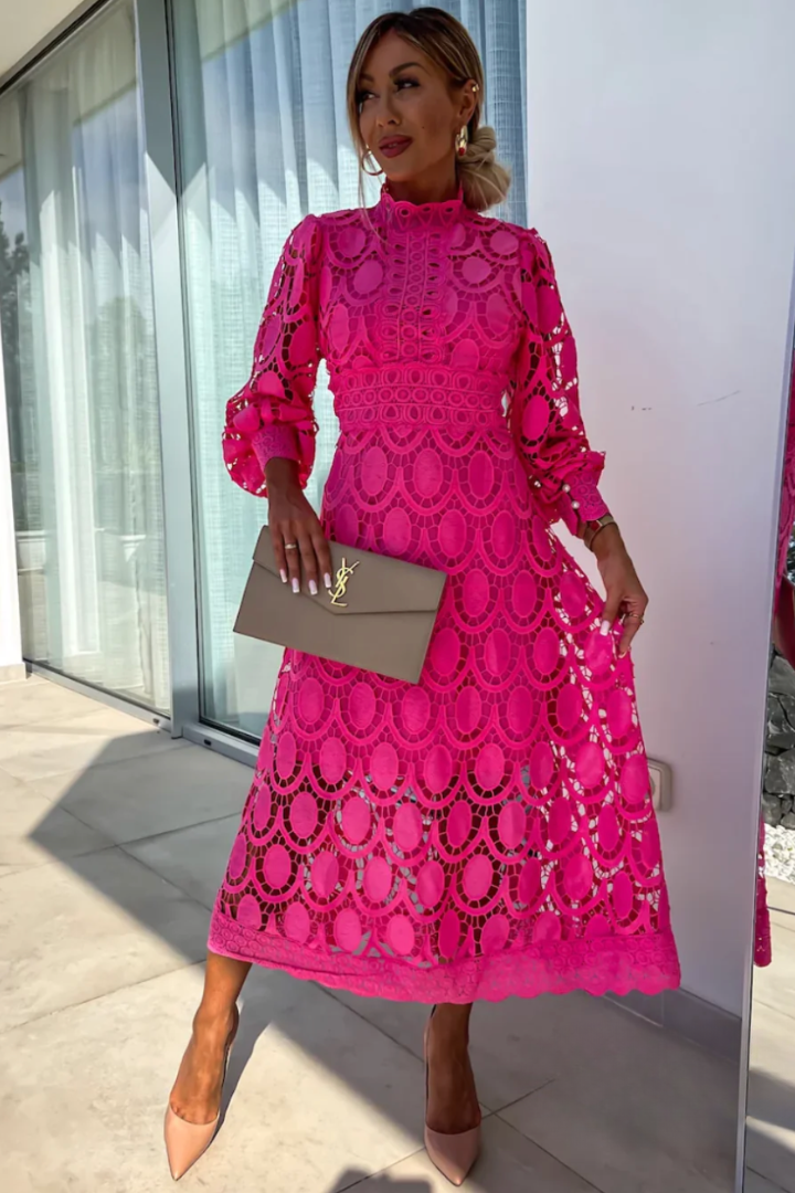 pink lace midi dress with mock neck and tiered puffed sleeves, ornamental lace design