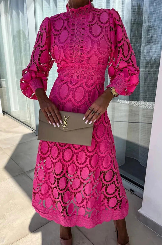 Fuchsia lace midi dress with mock neck and puffed sleeves, ornate circular pattern