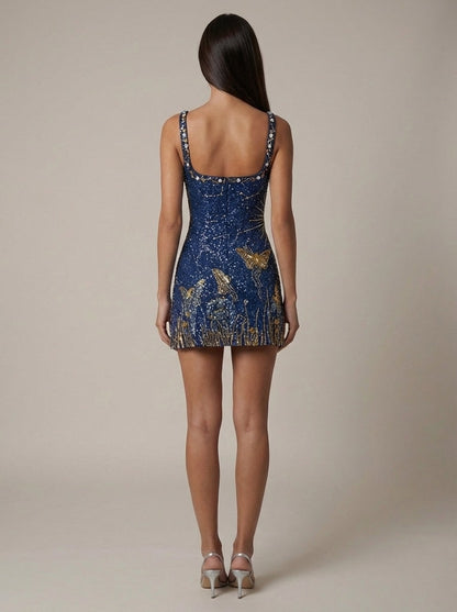 Women's Navy Sequin Square Neck Mini Party Dress