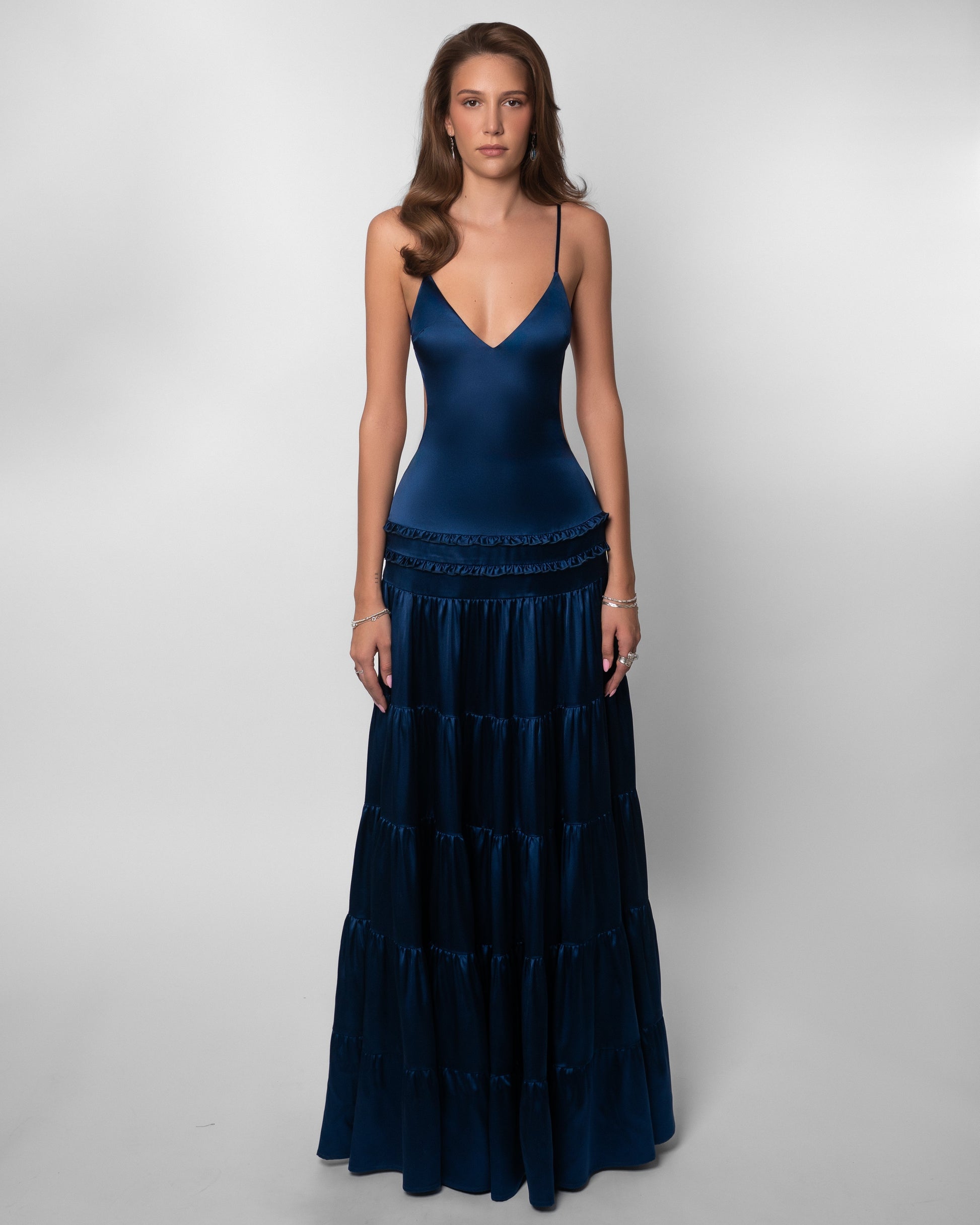 Navy v-neck maxi dress with tiered ruffled skirt and thin straps