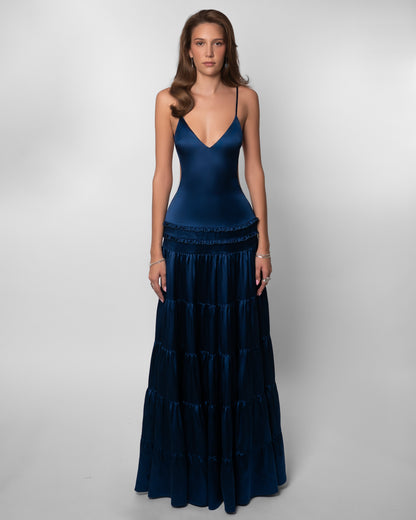 Navy v-neck maxi dress with tiered ruffled skirt and thin straps