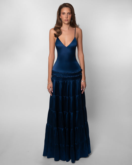 Navy v-neck maxi dress with tiered ruffled skirt and thin straps