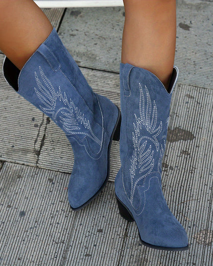 Women's Navy Western Cowboy Boots, Wide Calf Block Heel