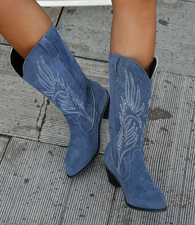 Women's Navy Western Cowboy Boots, Wide Calf Block Heel
