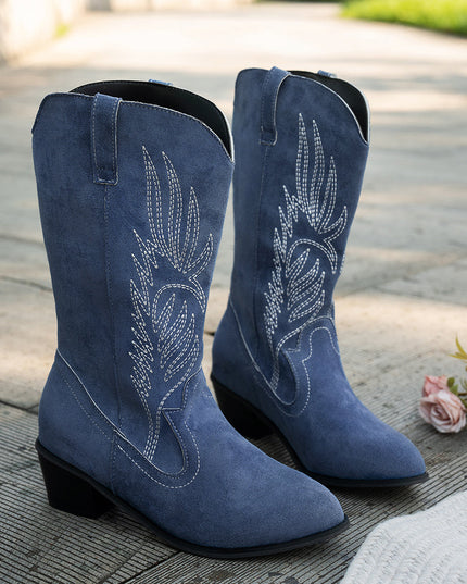 Women's Navy Western Cowboy Boots, Wide Calf Block Heel