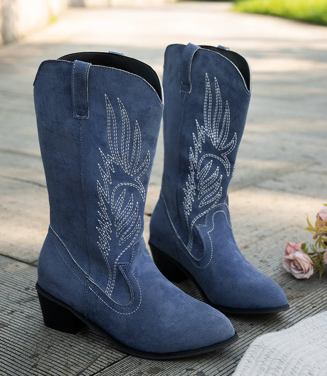 Women's Navy Western Cowboy Boots, Wide Calf Block Heel