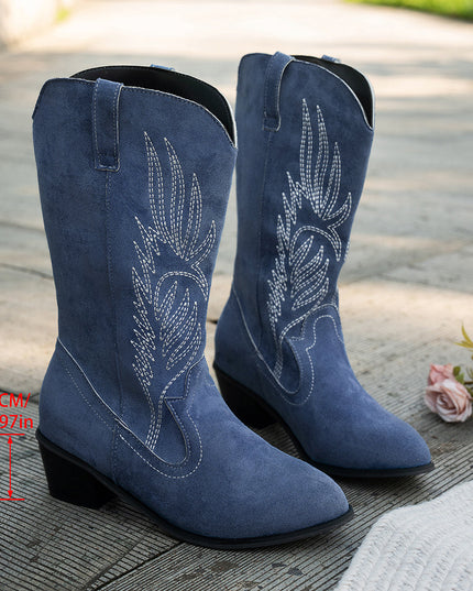 Women's Navy Western Cowboy Boots, Wide Calf Block Heel
