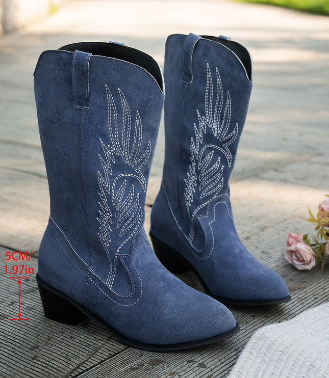 Women's Navy Western Cowboy Boots, Wide Calf Block Heel