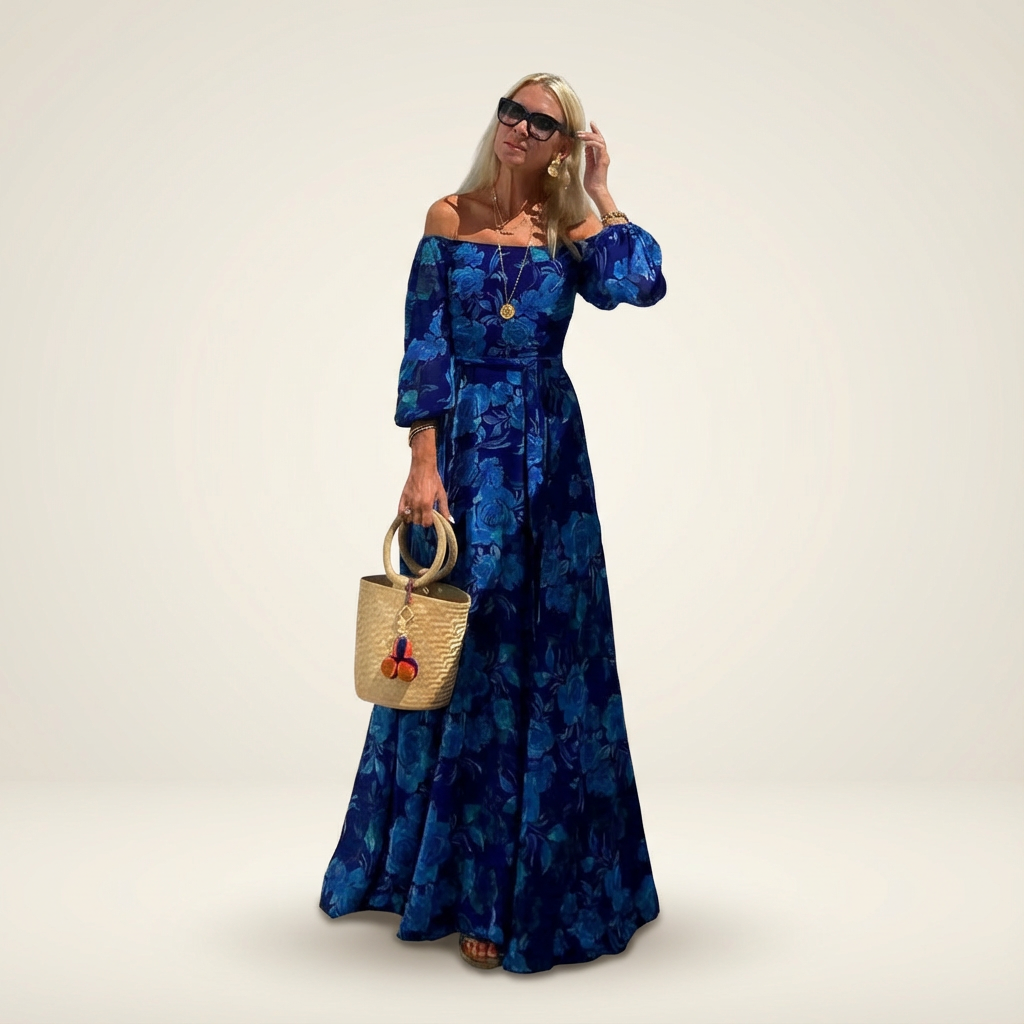 Women's wedding guest maxi dress with draped waist and gathered sleeve cuffs