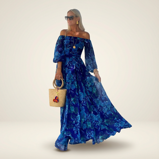 Women navy floral maxi dress with off-shoulder neckline and three-quarter sleeves
