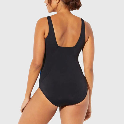 Back view of black one-piece swimsuit with scoop neckline and control support