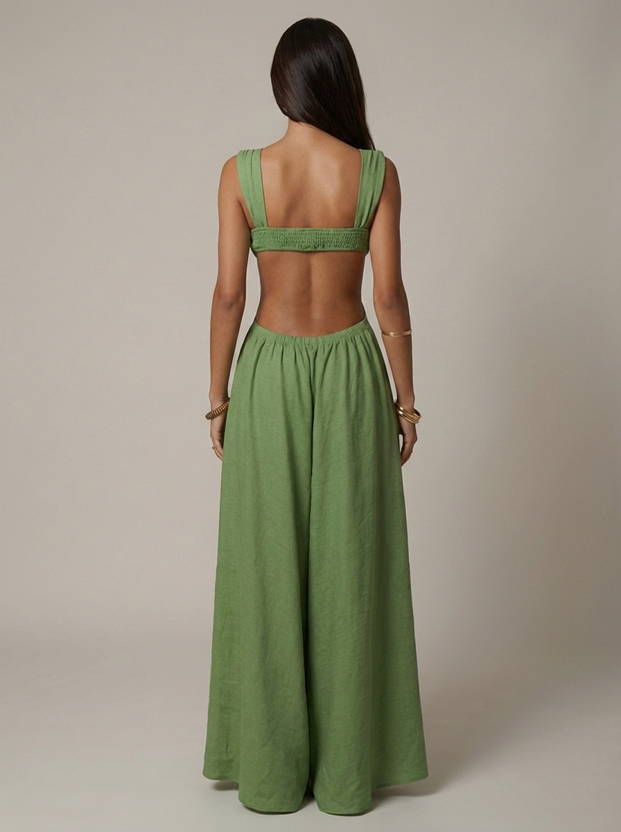 Women's Olive Green V-Neck Summer Wedding Guest Maxi Dress