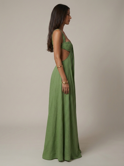 Women's Olive Green V-Neck Summer Wedding Guest Maxi Dress
