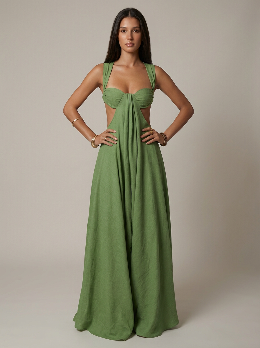 Women's Olive Green V-Neck Summer Wedding Guest Maxi Dress