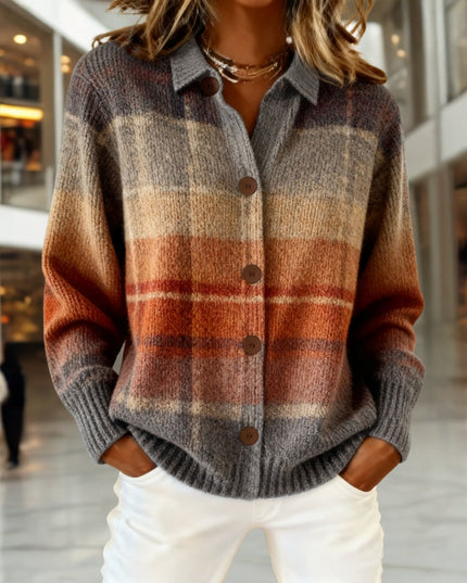 Women's Ombre Plaid Collared Button Down Cardigan Sweater