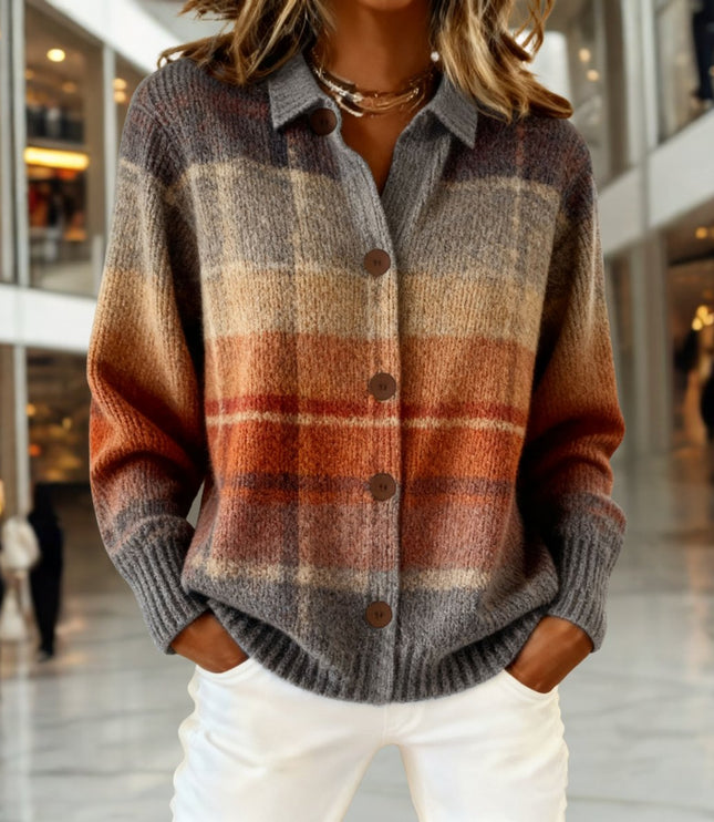 Women's Ombre Plaid Collared Button Down Cardigan Sweater