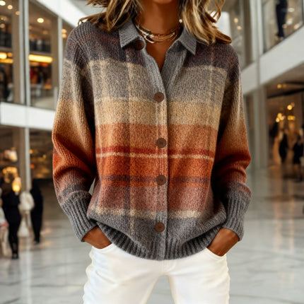 Women's Ombre Plaid Collared Button Down Cardigan Sweater