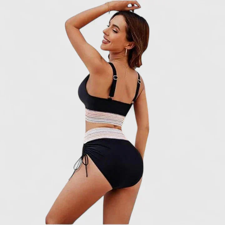 Black halter bikini back view with striped band and adjustable side ties