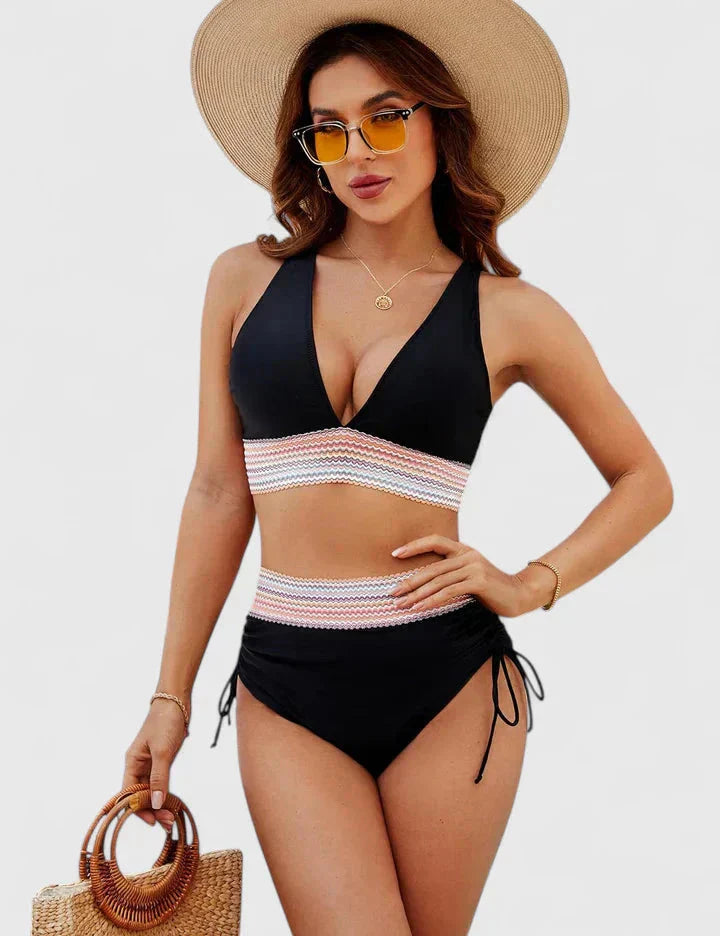 Black high-waisted halter bikini with multicolor striped band accent