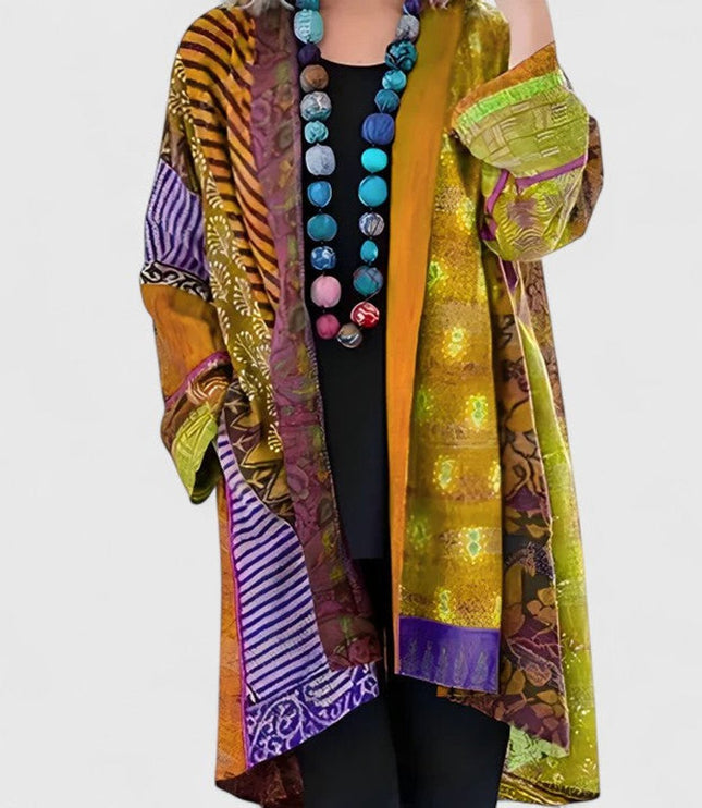 Women's Open Front Long Printed Patchwork Duster Cardigan