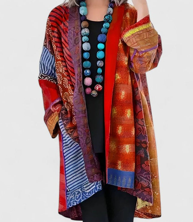 Women's Open Front Long Printed Patchwork Duster Cardigan