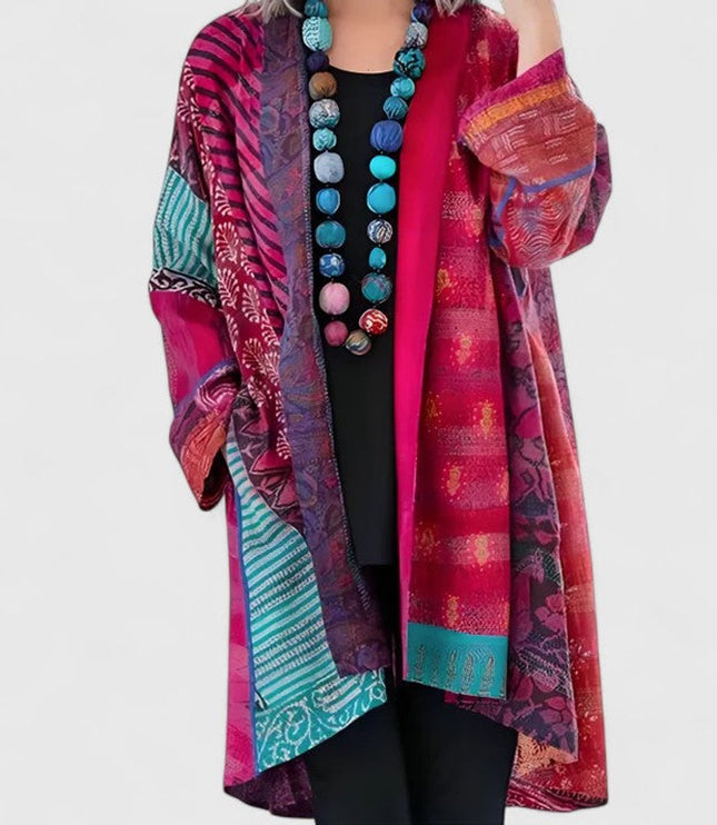 Women's Open Front Long Printed Patchwork Duster Cardigan