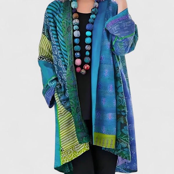 Women's Open Front Long Printed Patchwork Duster Cardigan