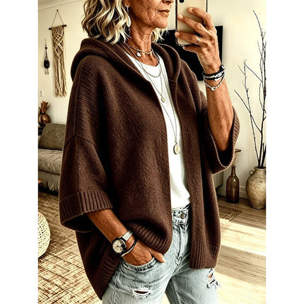 Women's Open Front Sweater Cardigan Hooded Ribbed Knit