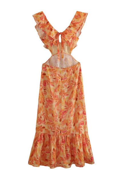 Women's Orange Floral Maxi Dress for Summer Wedding Guests