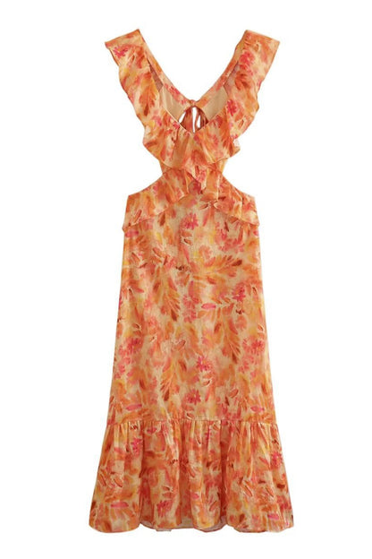 Women's Orange Floral Maxi Dress for Summer Wedding Guests