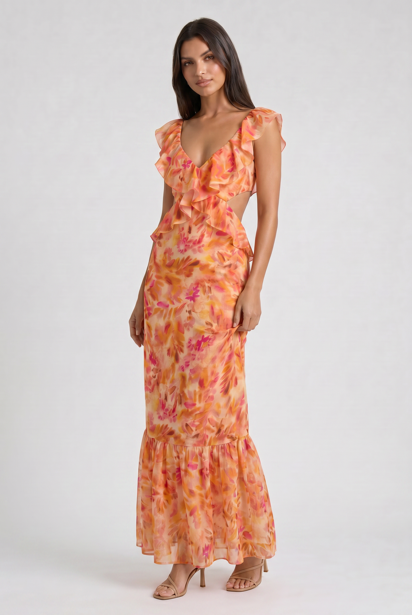 Women's Orange Floral Maxi Dress for Summer Wedding Guests