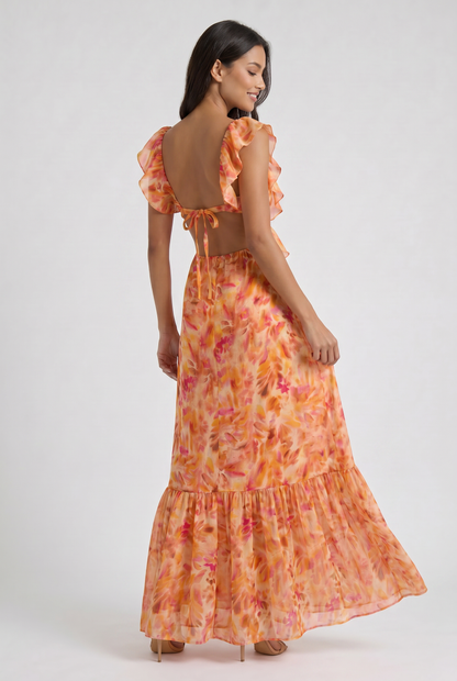 Women's Orange Floral Maxi Dress for Summer Wedding Guests