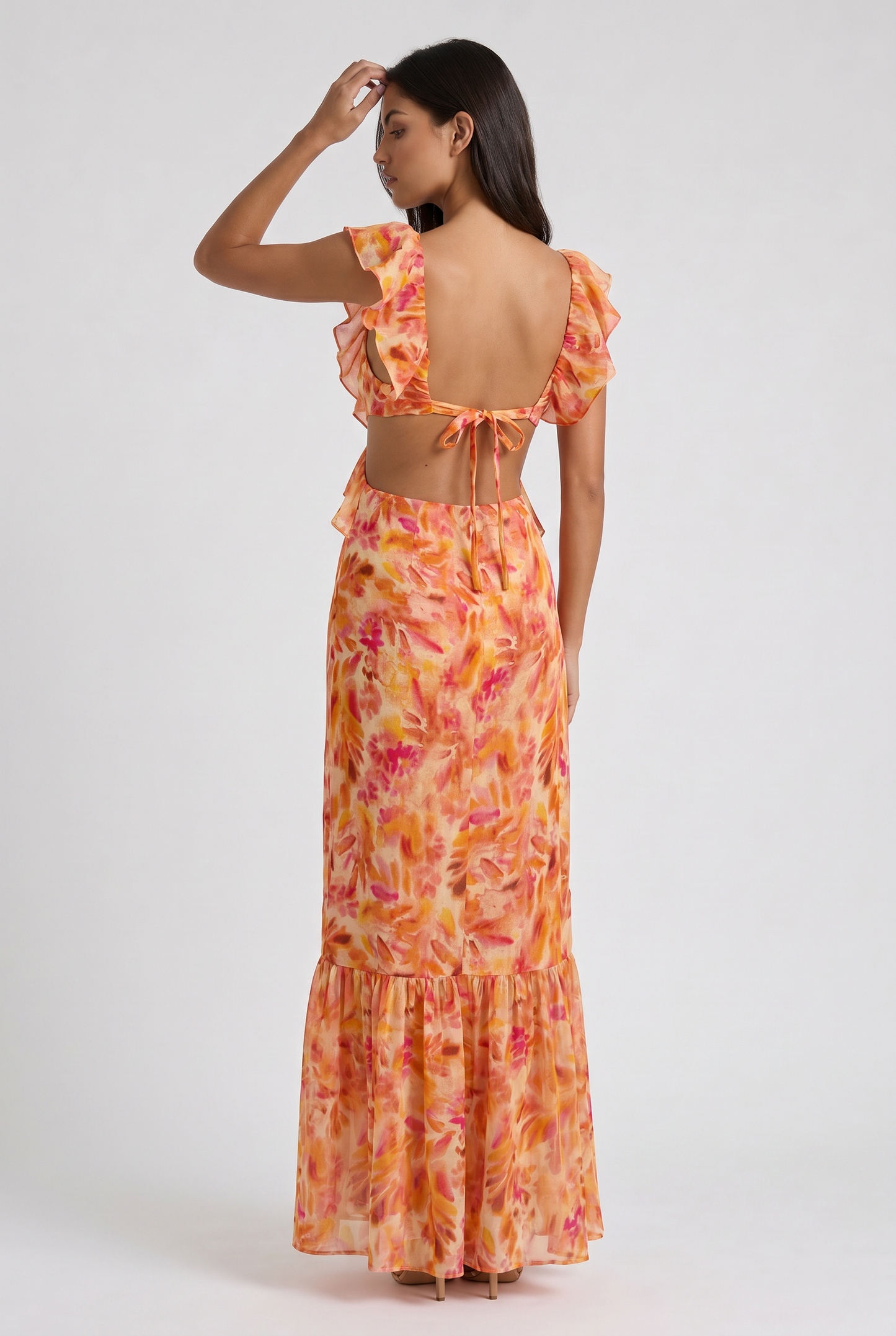 Women's Orange Floral Maxi Dress for Summer Wedding Guests