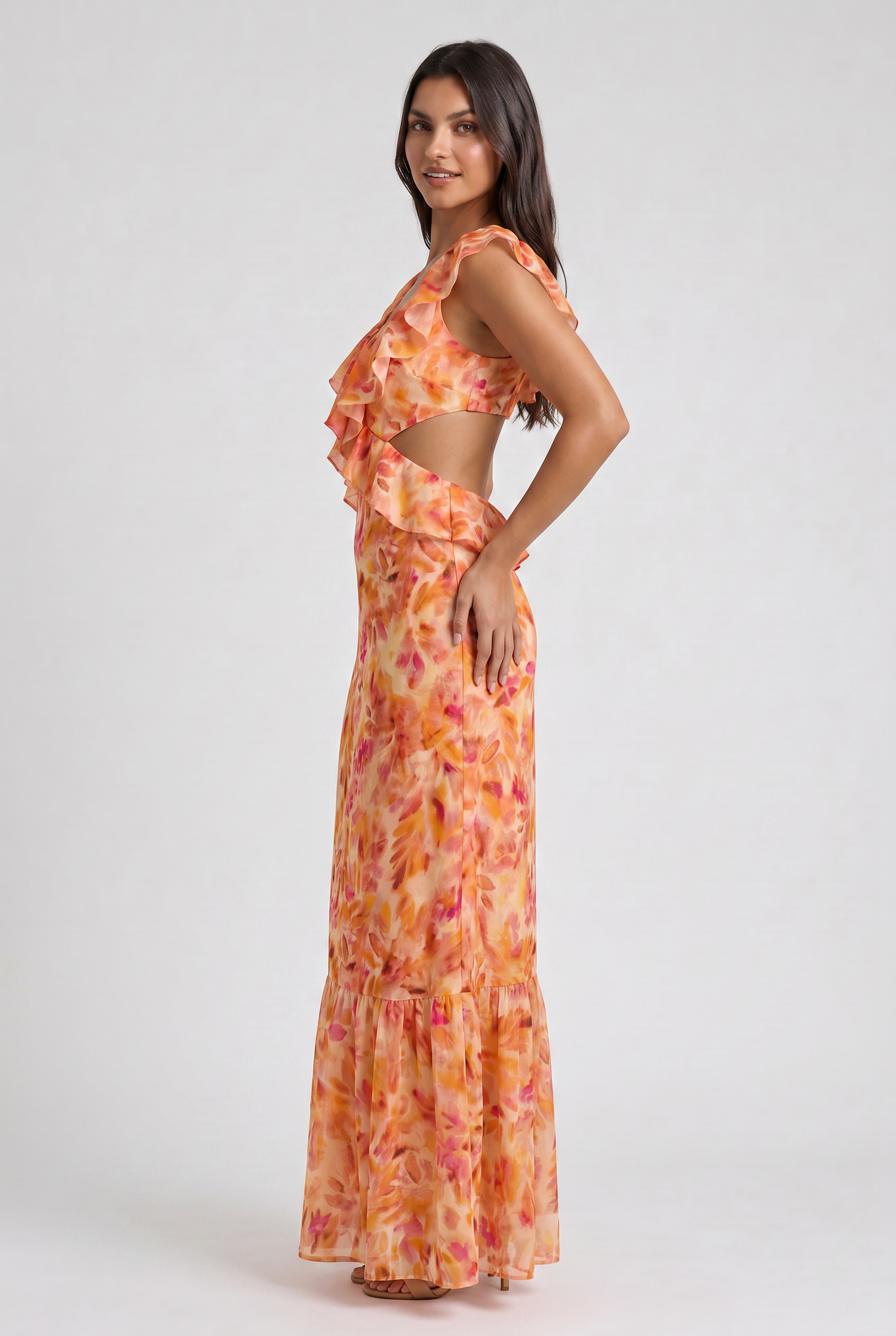 Women's Orange Floral Maxi Dress for Summer Wedding Guests