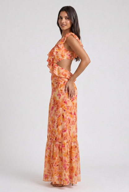 Women's Orange Floral Maxi Dress for Summer Wedding Guests
