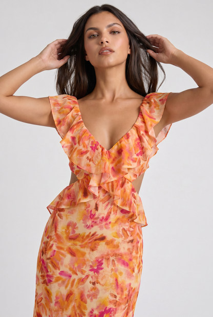 Women's Orange Floral Maxi Dress for Summer Wedding Guests