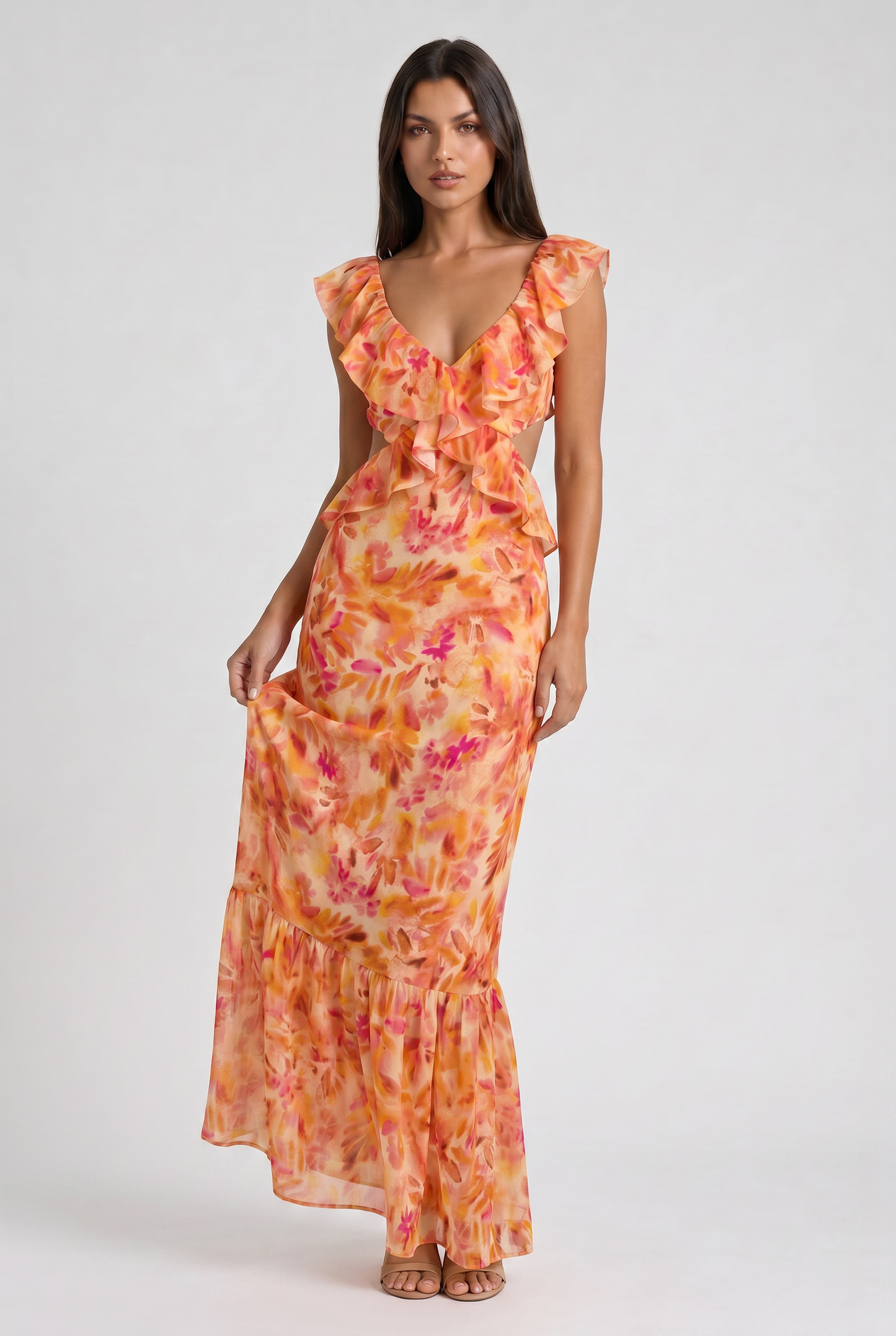 Women's Orange Floral Maxi Dress for Summer Wedding Guests