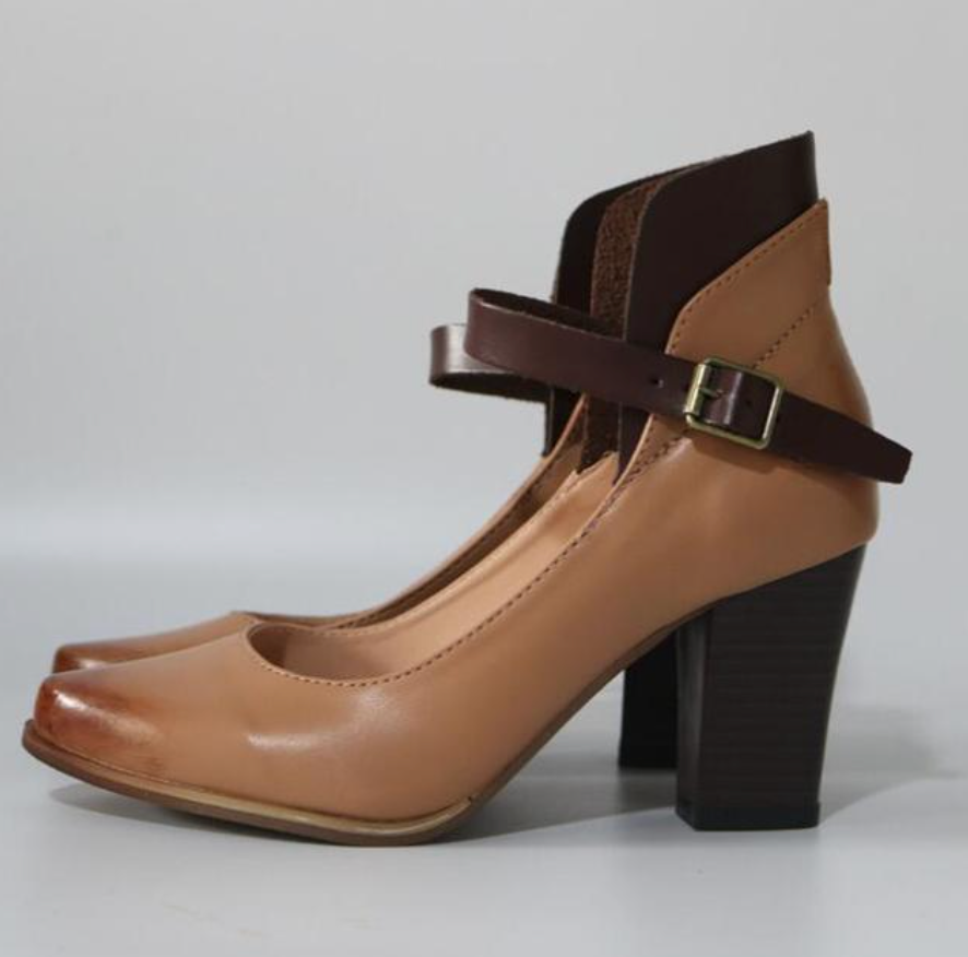 Tan leather women's Mary Jane ankle strap sandal with dark block heel side view